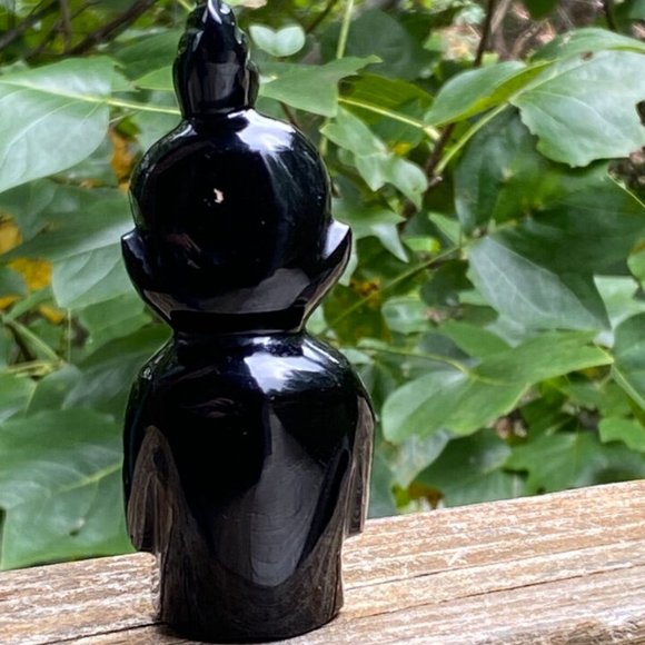 Aztec Black Onyx Gold Mayan Obsidian Carved Statue Stone Sitting Tiki Figure - Picture 10 of 13